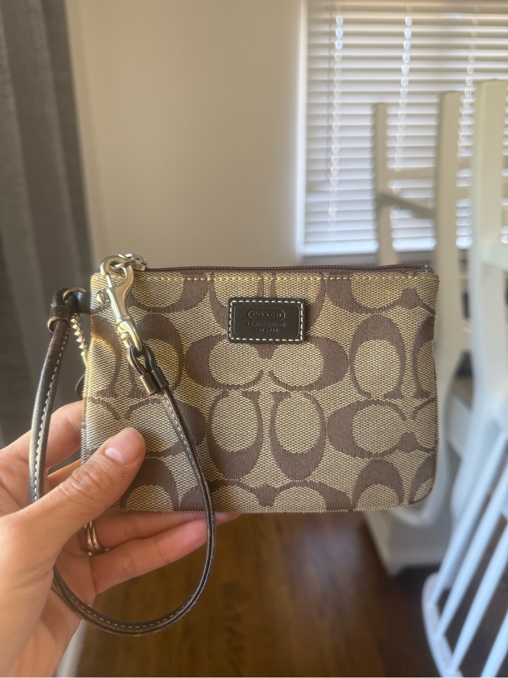 Coach Brown/Tan Signature Canvas Wristlet with Leather Strap